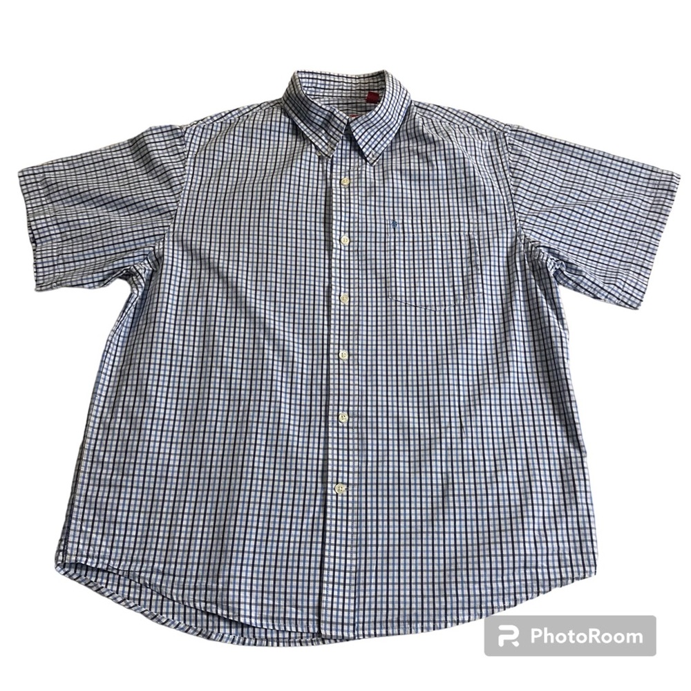 IZOD Button Down Shirt Men’s Size L Color Blue Plaid Short Sleeve 100% Cotton